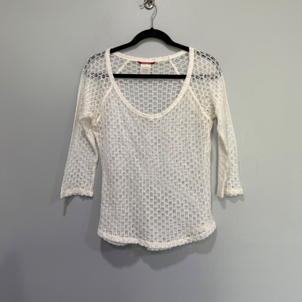 Unionbay Womens White Open Knit Scoop Neck 3/4 Sleeve Crochet Sweater‎ Large